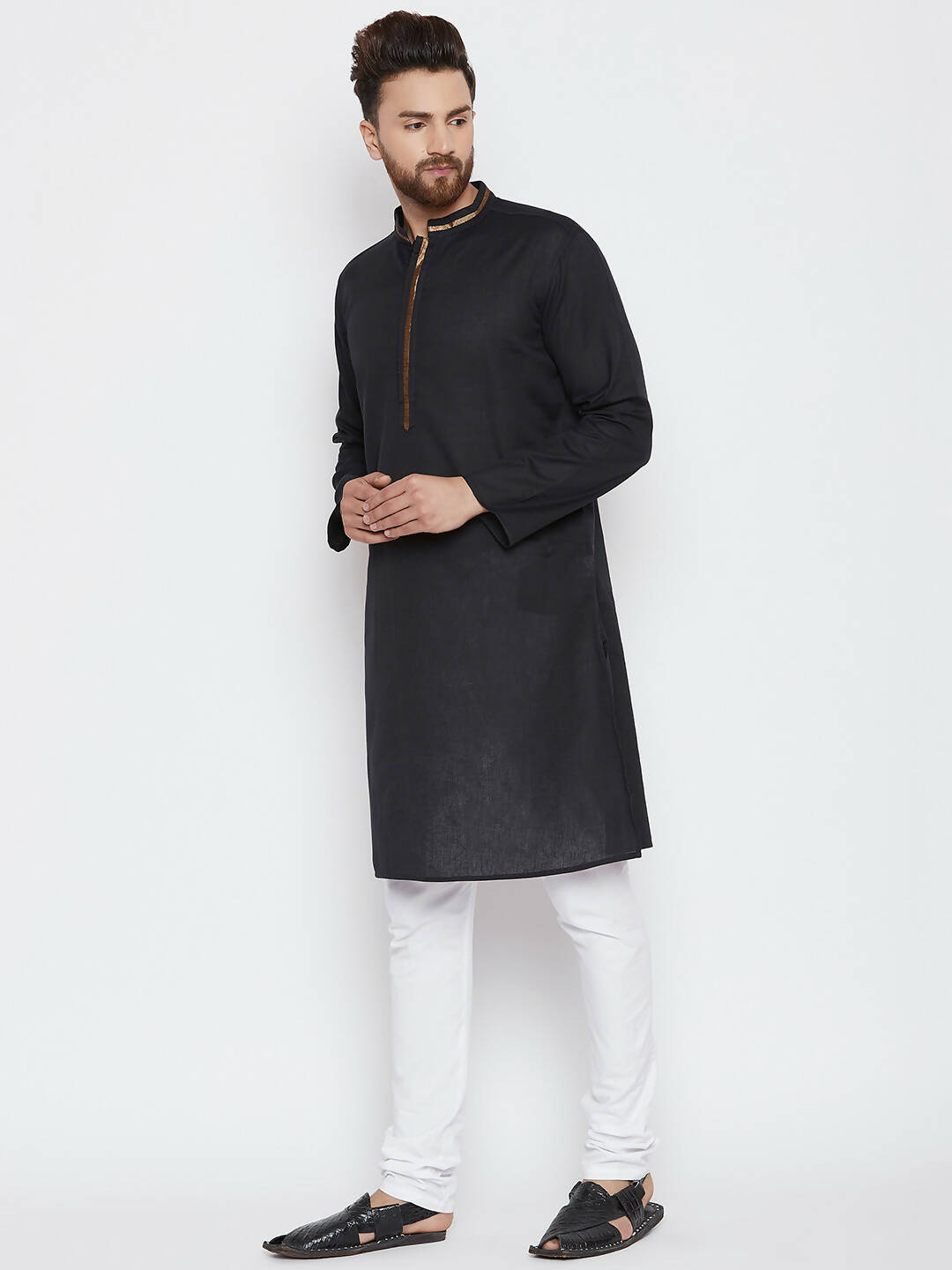 Even Apparels Black Color Pure Cotton Men's Kurta With Band Collar 