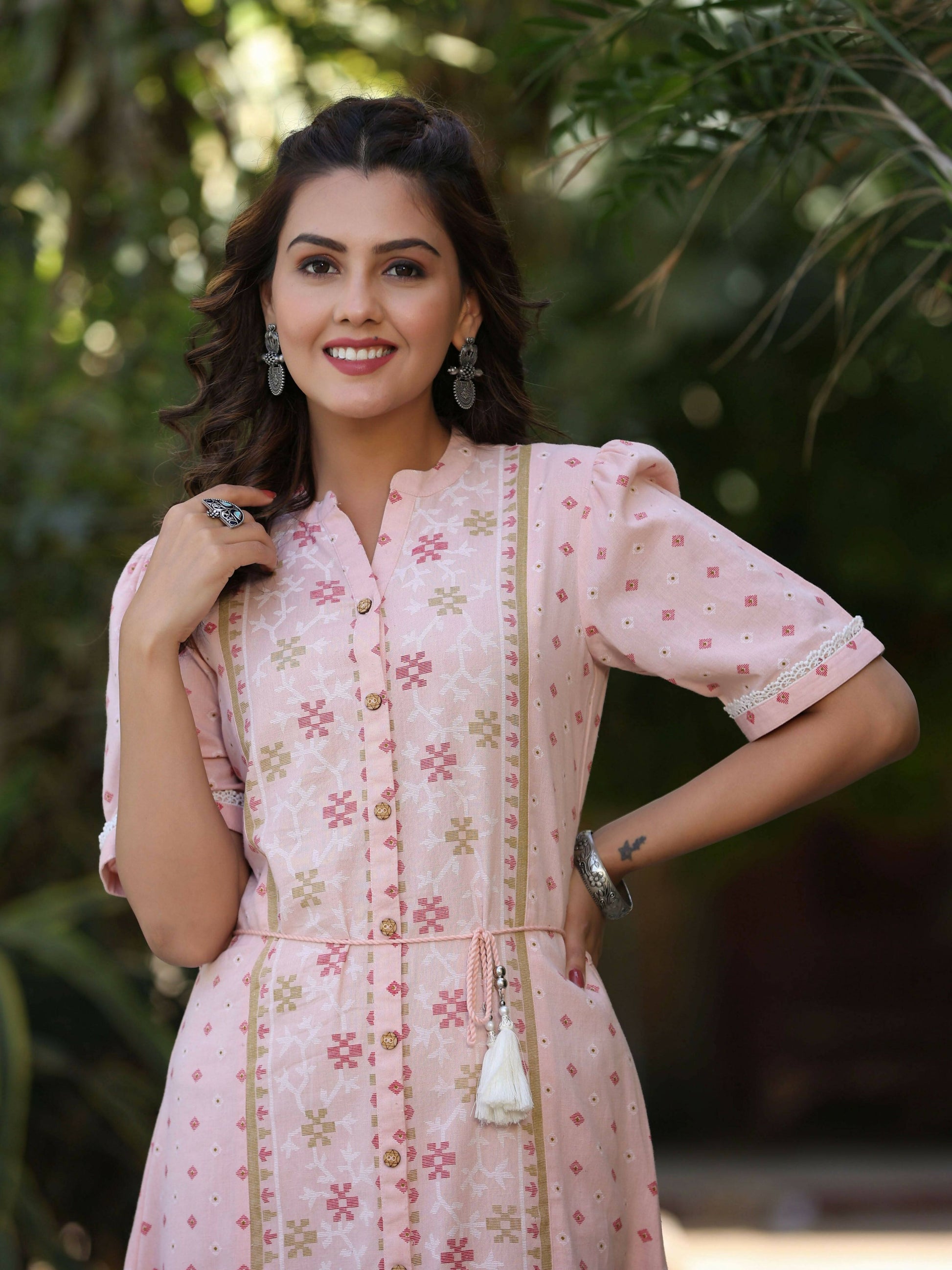 Juniper Women's Pink Cotton Printed Embroidered Flared Dress