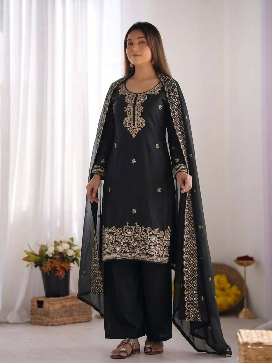 Teeya Creation Womens New Trendy Stylish Embroidery Beads Work Palazzo Kurta Set -Black