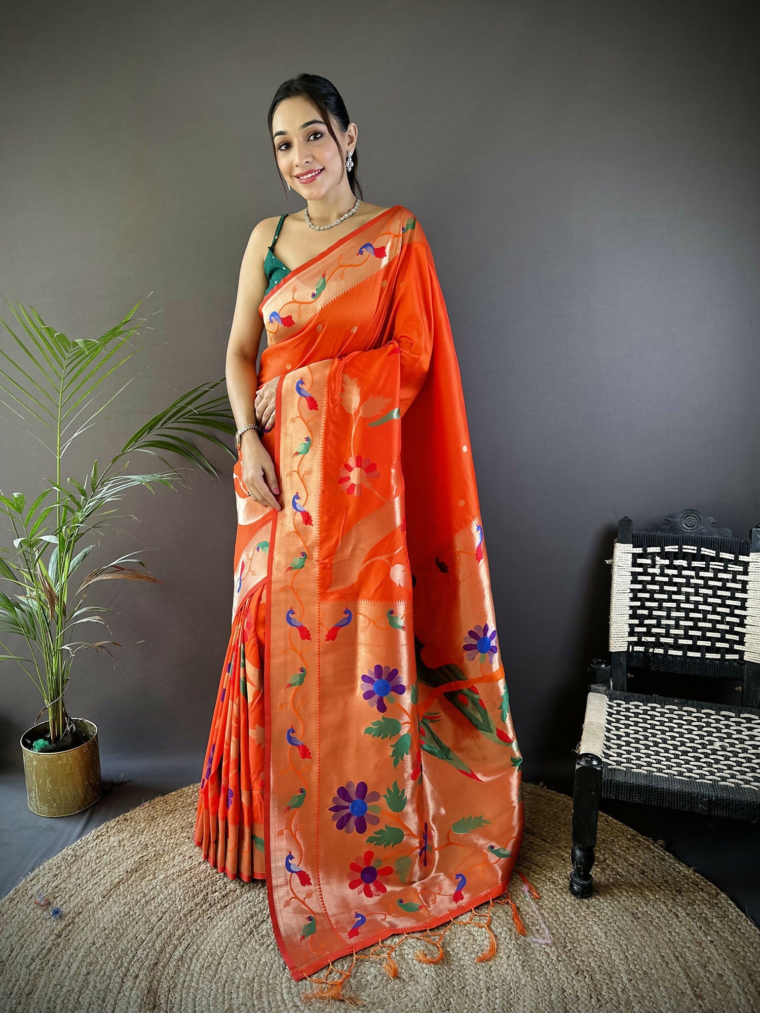 Joban Fashion Orange Zari Woven Floral Motifs Soft Silk Paithani Silk Saree