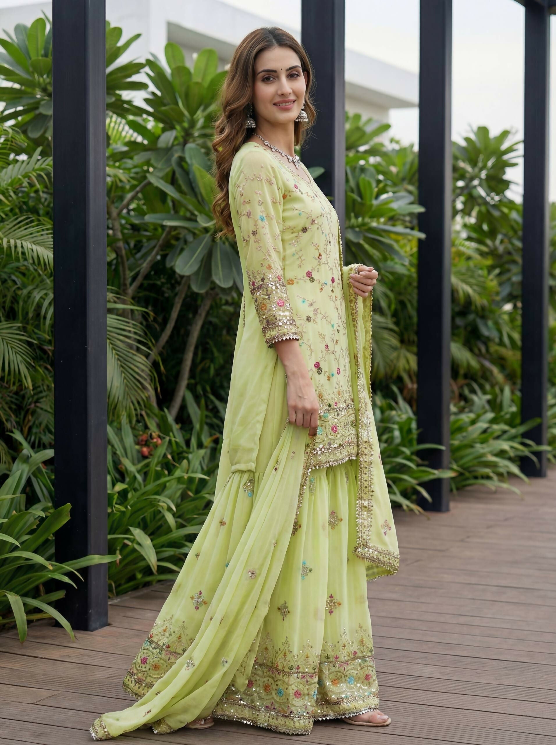 Teeya Creation Pista Faux Georgette Multi Thread Work Wedding Wear Sharara Set