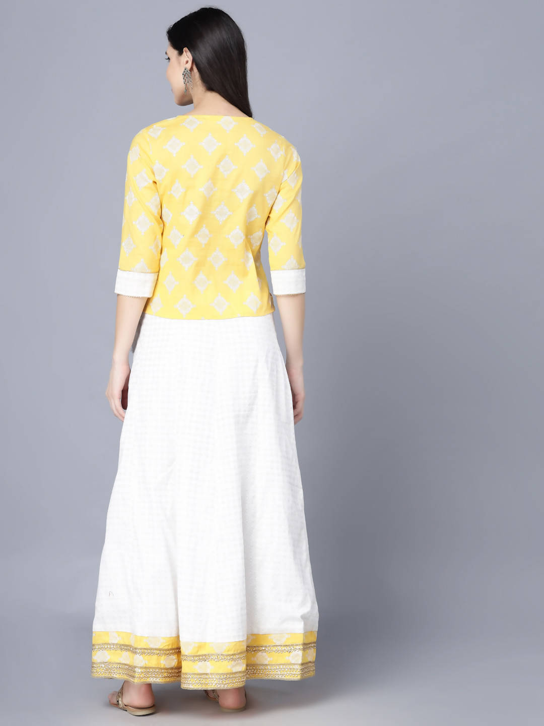 Myshka Yellow White Printed Ready to Wear Lehenga