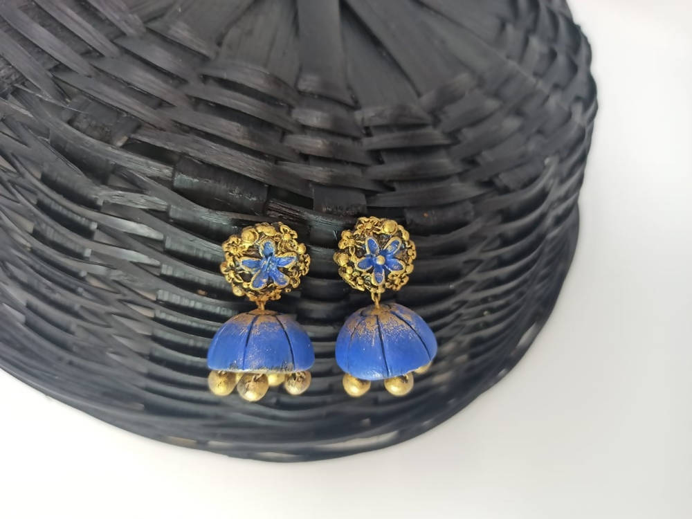Terracota Beautiful Blue Terracotta Flower Studs with Jhumkas