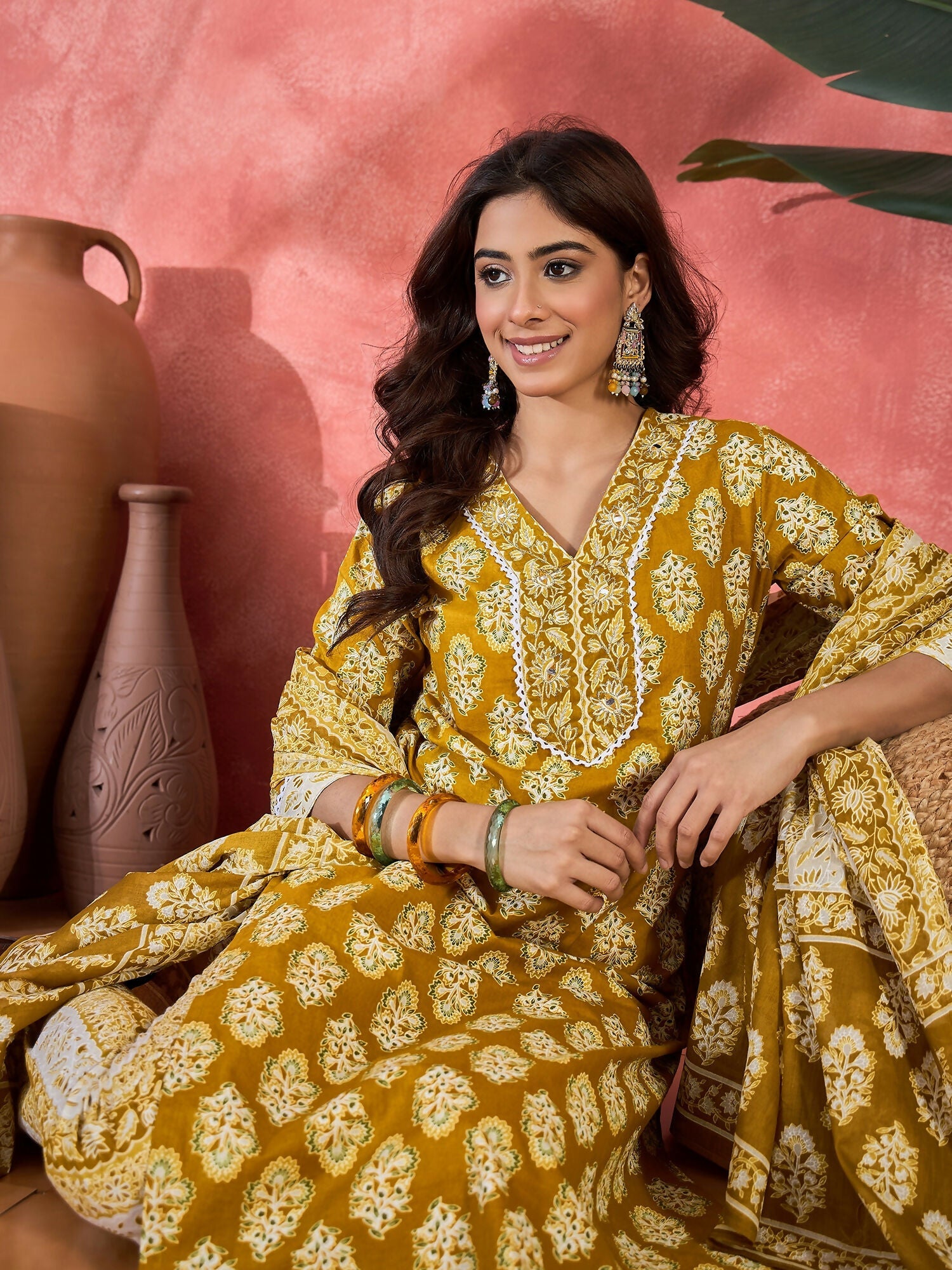Joban Fashion Printed Mustard Pure Cotton Kurta Set