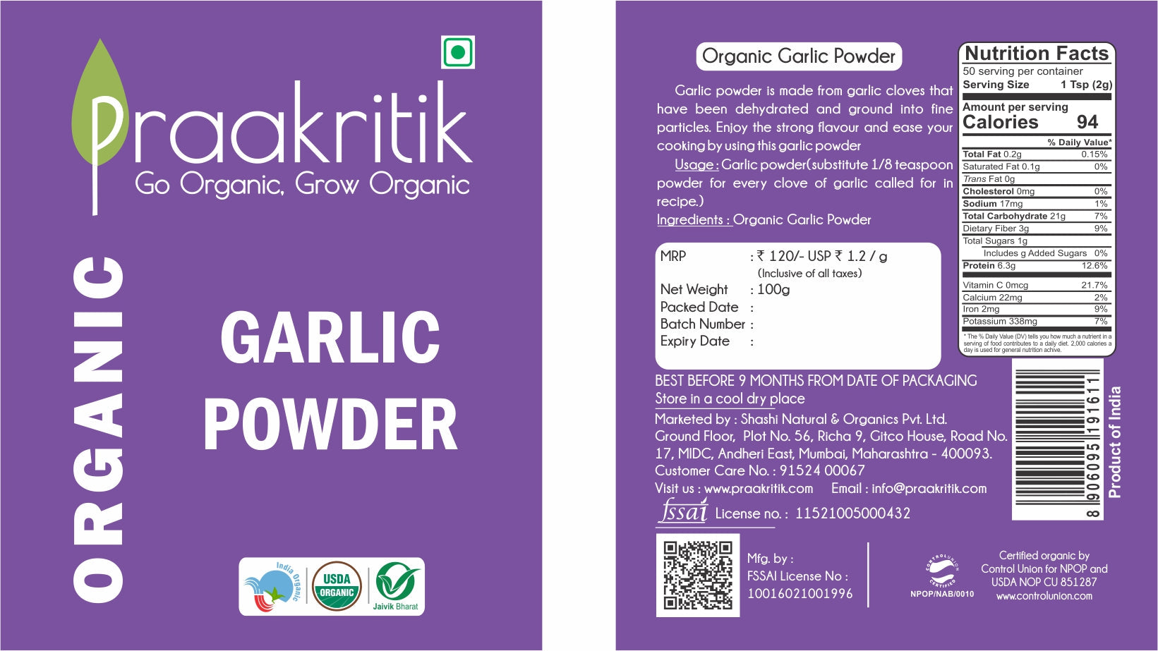 Praakritik Organic Garlic Powder 