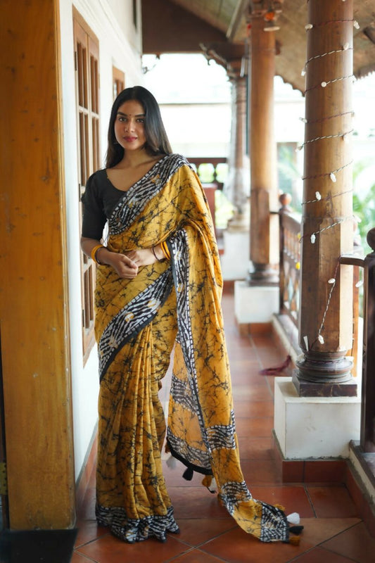 Arfa Fashion House Mustered Combination Pure Chanderi Cotton Batik Printed Saree