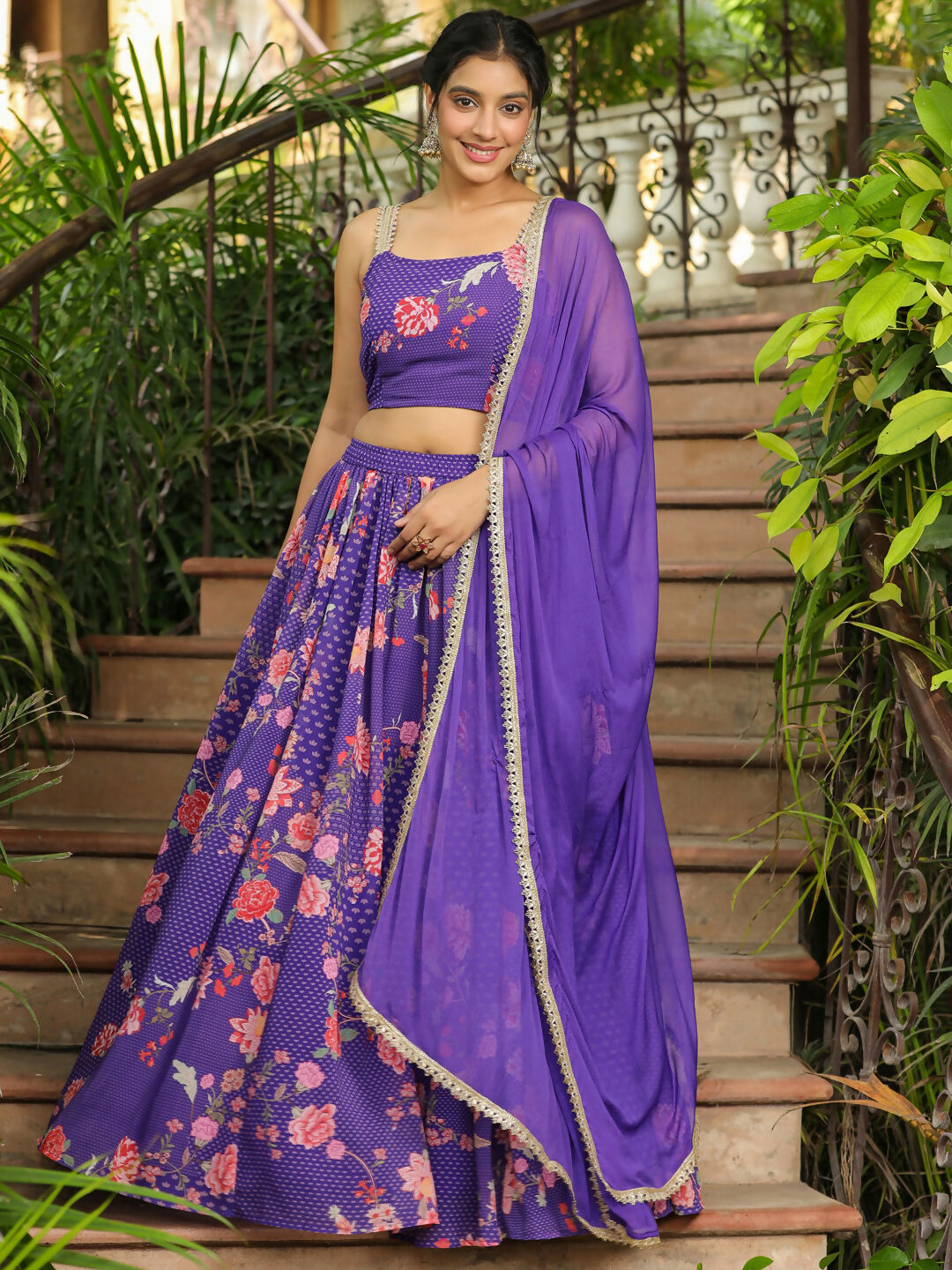 Janasya Purple Georgette Floral Lehenga Choli Dupatta 