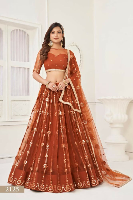 Aastha Fashion Brown Butterfly Net Tone To Tone Thread Work And Mirror Work Embroidery Wedding Wear Lehenga Choli