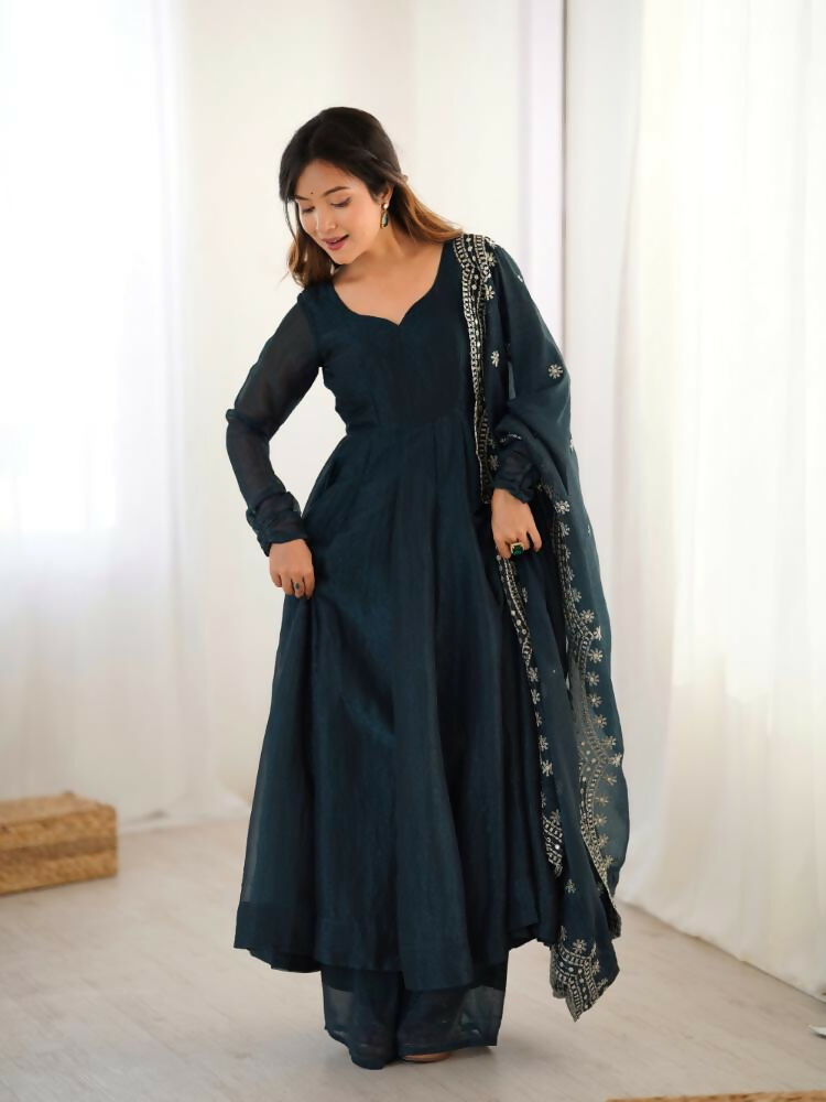 Joban Fashion Blue Chinnon Silk Sequence Embroidery Work Readymade Kurta Set
