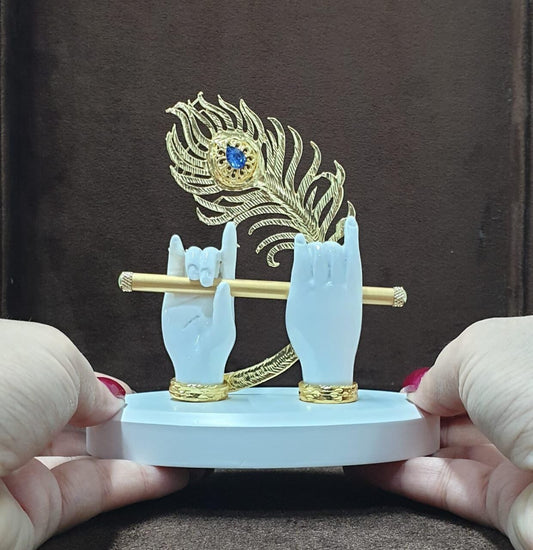 House Of Wemy Gold Plated Melody Krishna Hands Idol with Flute and Peacock Feather - White - Grab2buy