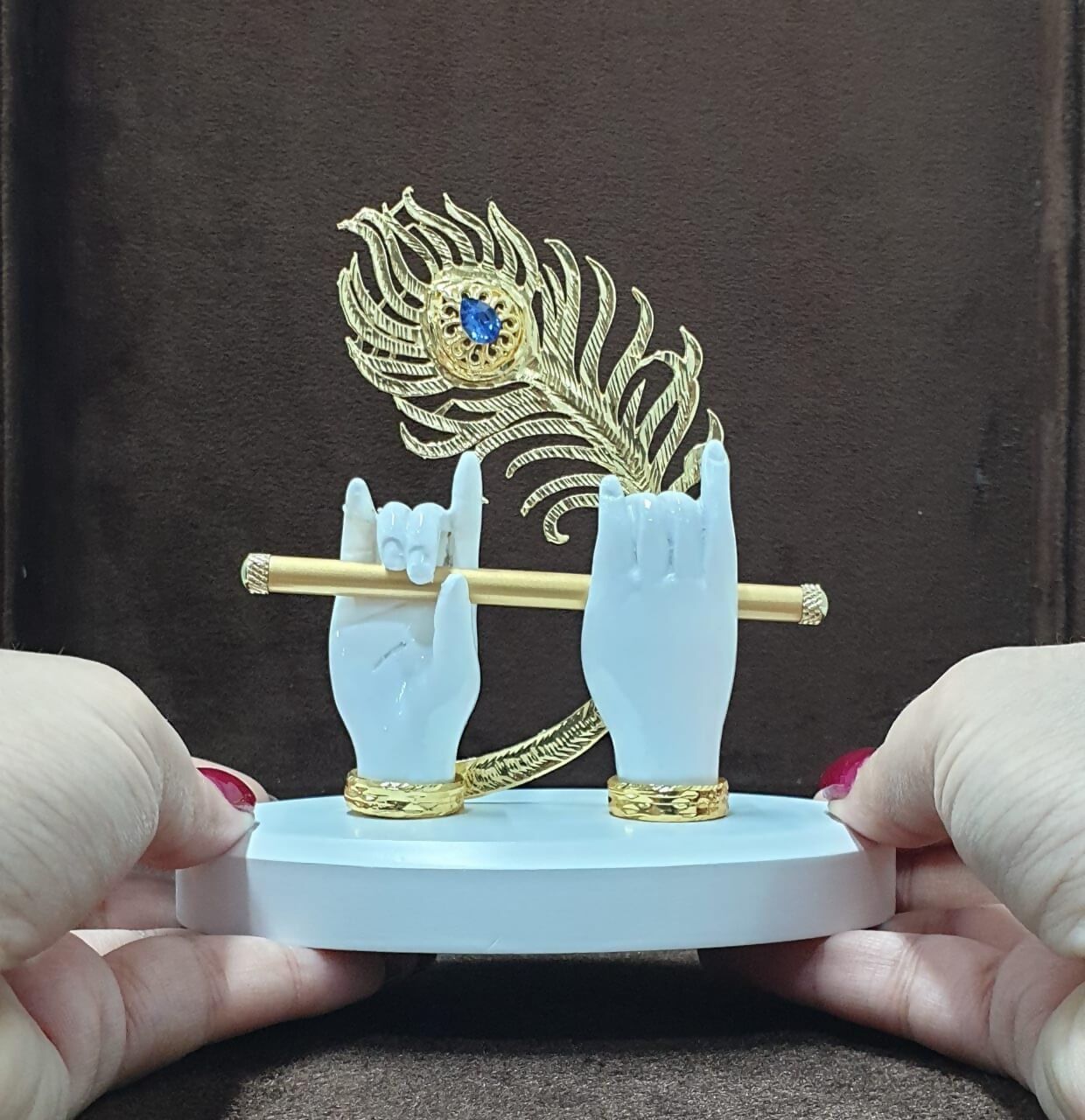 House Of Wemy Gold-Polished Melody Krishna Hands Idol with Flute and Peacock Feather - White 