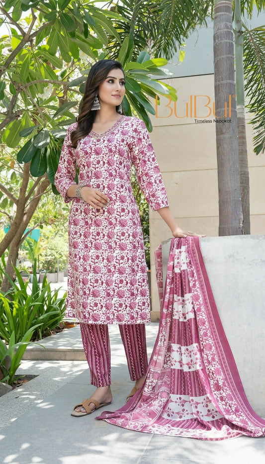 BulBul Fashionista Wine Cotton Kurta Set with Dupatta 