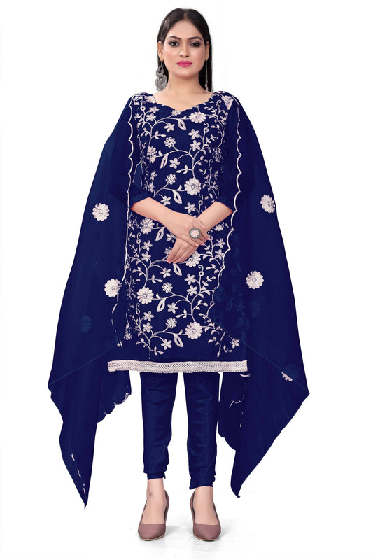 Blue Organza Silk Embroidered Work Unstitched Dress Material - Tanvi