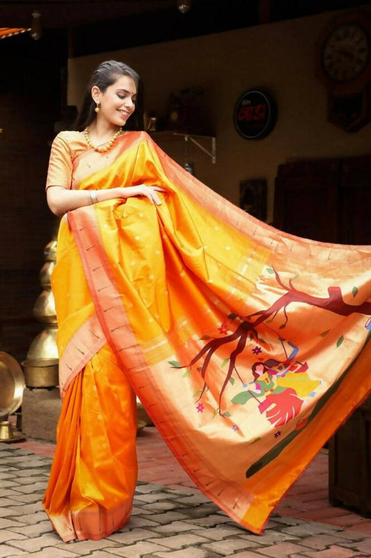 Very Much Indian Authentic Handloom, Beautiful Orange Yellow, Pure Silk Muniya Border Paithani With Radha Krishna Pallu(High Quality Silk) - Grab2buy
