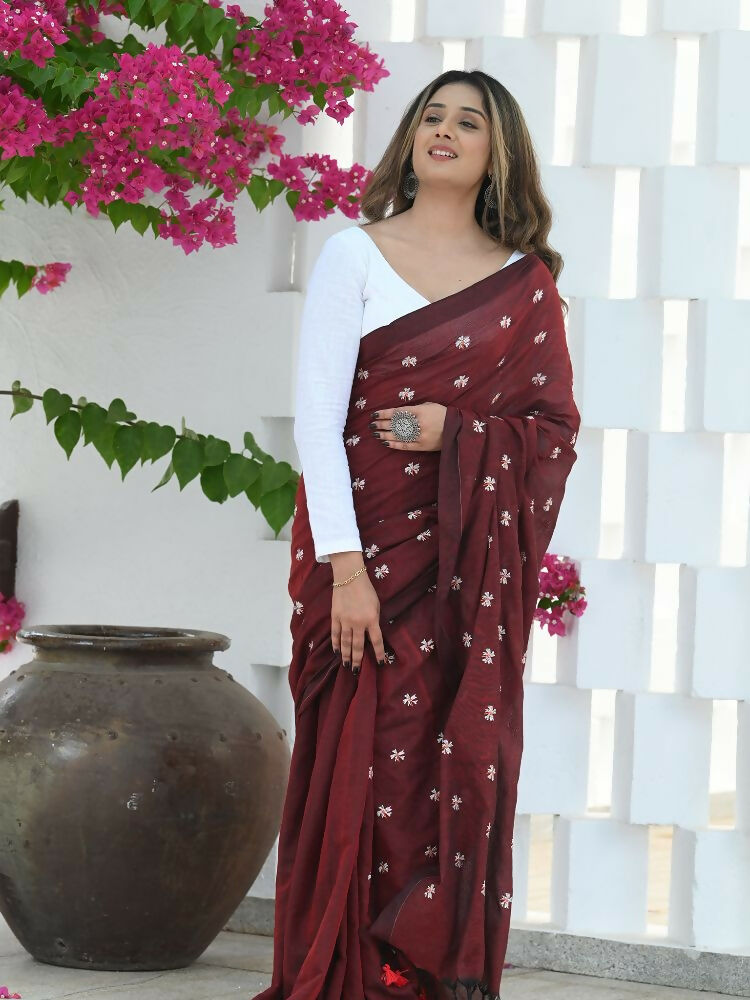 Beatitude Maroon Khadi Floral Embroidered Saree