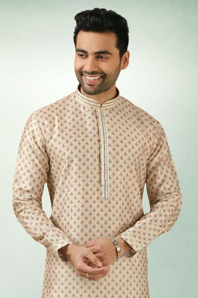Raivat Ethnic Art Silk Printed Work Kurta Pajama In Cream Colour