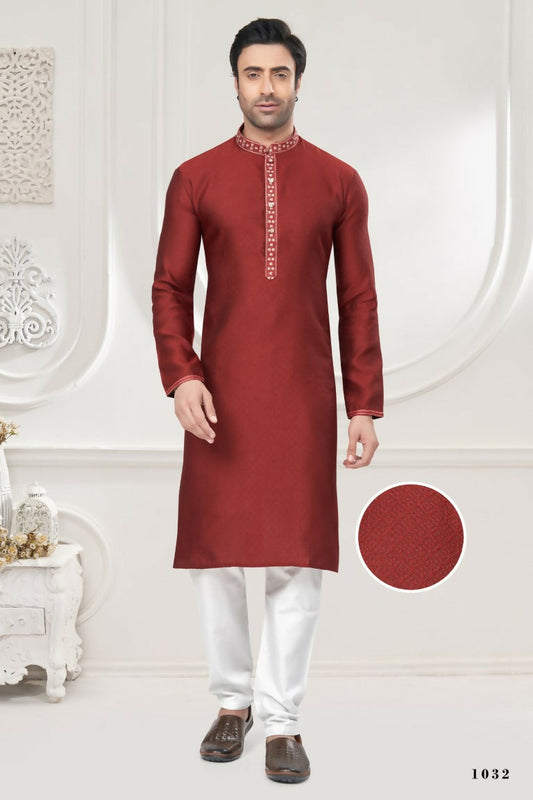 Functional Designer Men's Red Jacquard Kurta With Pant - Rudra