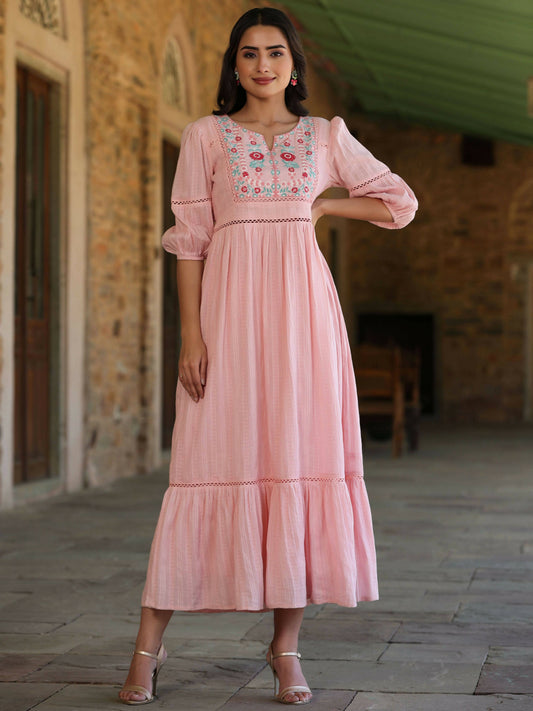 Juniper Women's Pink Cotton Dobby Embroidered Flared Dress