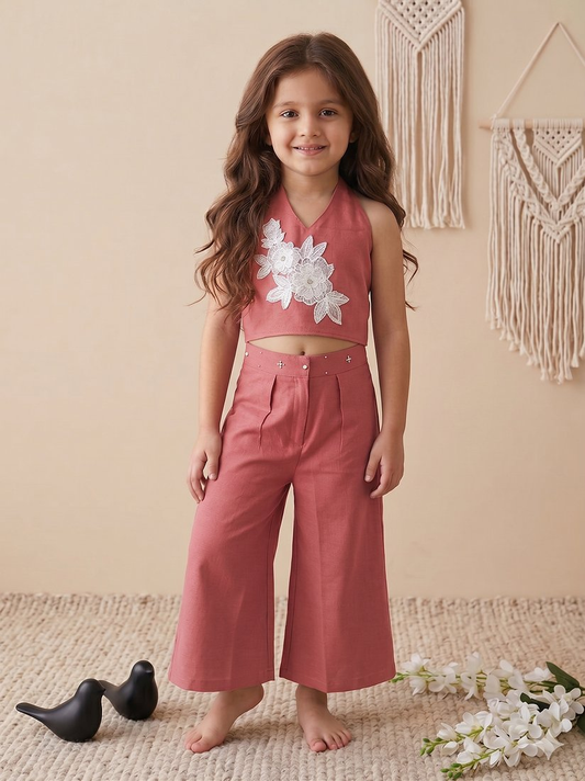Evanik Pink Pure Khadi Cotton With Patch Work Kids Summer Co-Ord Set