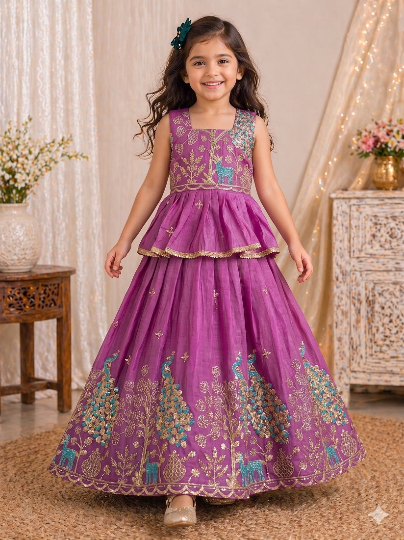 Evanik Pink Pure Gold Crush With Peacock Design Work Kids Lehenga Choli