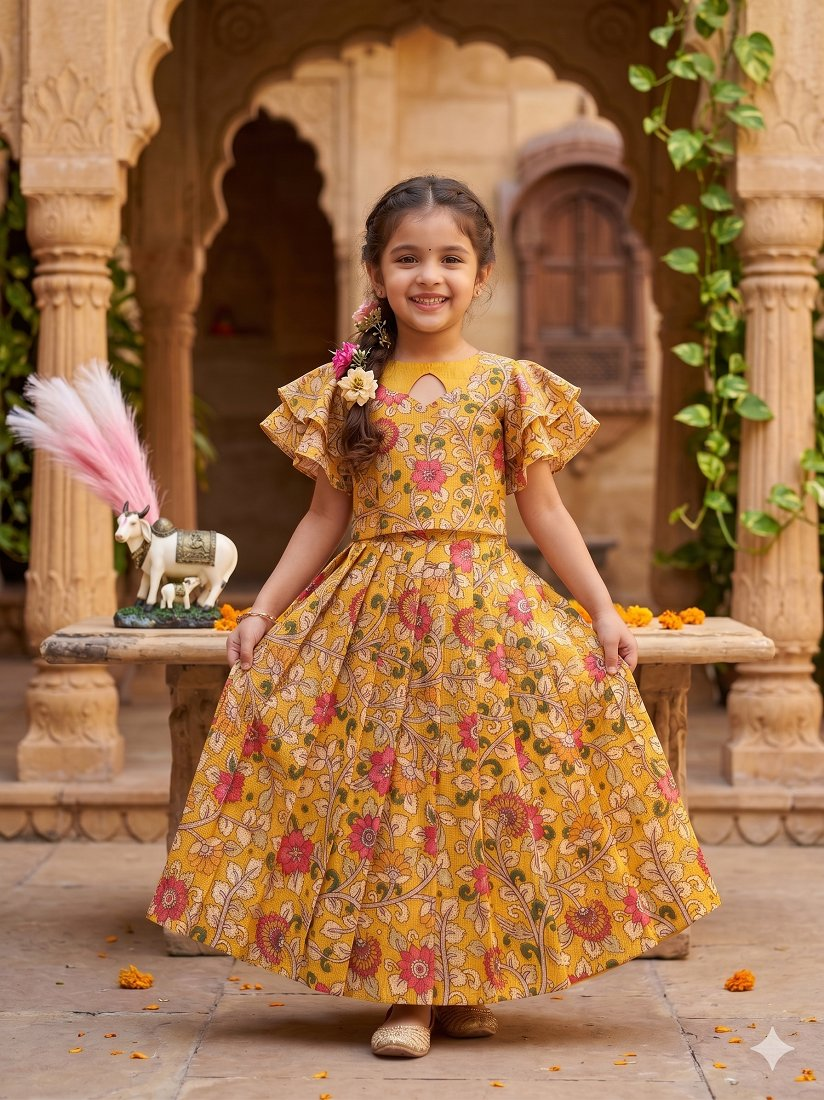 Evanik Yellow Kota Chex Fabric With Floral Printed Kids Lehenga Choli