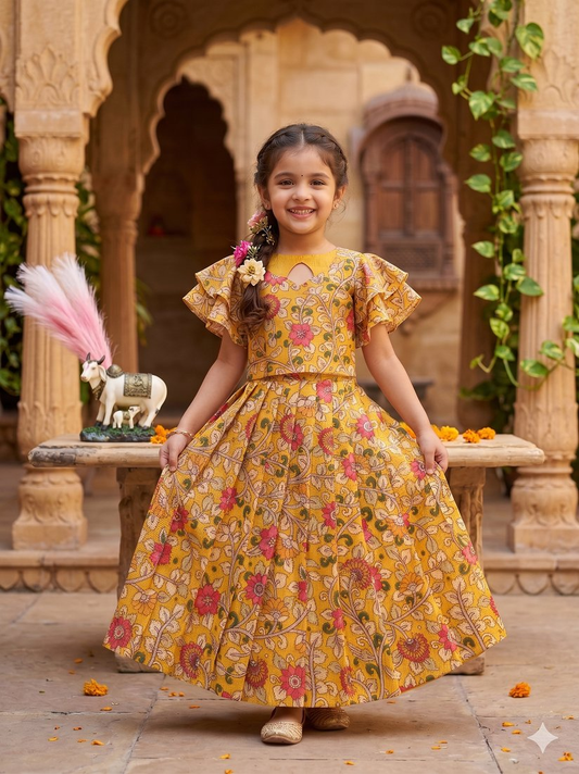 Evanik Yellow Kota Chex Fabric With Floral Printed Kids Lehenga Choli