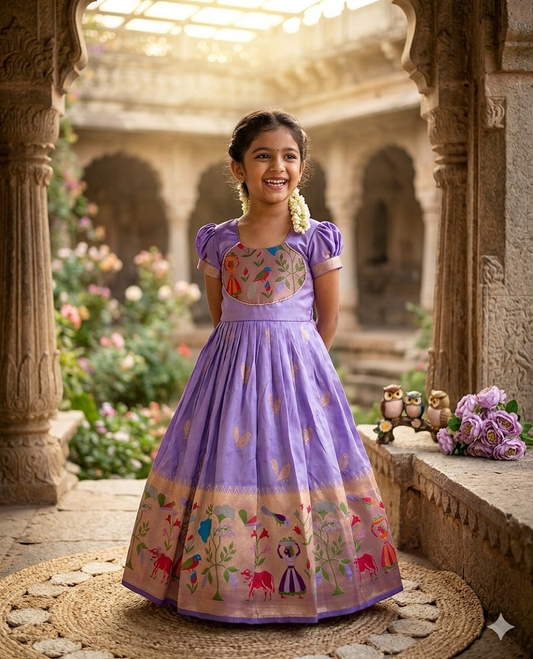 Evanik Purple Soft Paithani Silk Zari Weaving Birds Pattern Kids Gown