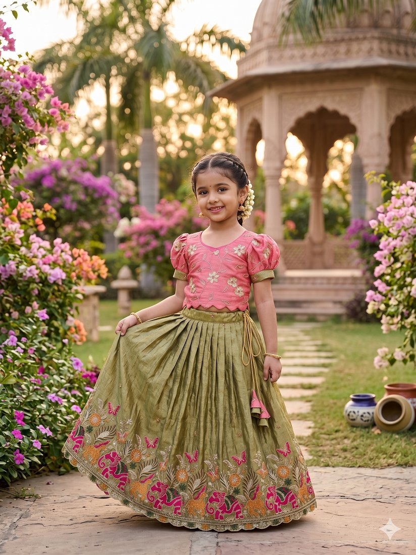 Evanik Pink Space Silk Elephant Mission Embroidered Work Kids Lehenga Choli Set