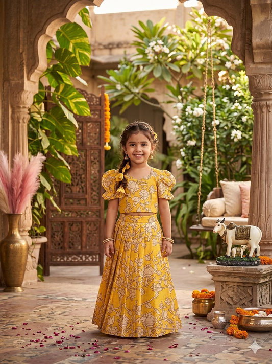 Evanik Yellow Kota Chex Fabric With Floral Printed Kids Lehenga Choli