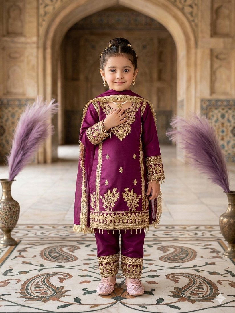 Evanik Purple Designer Party Wear Heavy Silk Kids Top Pant & Dupatta Set
