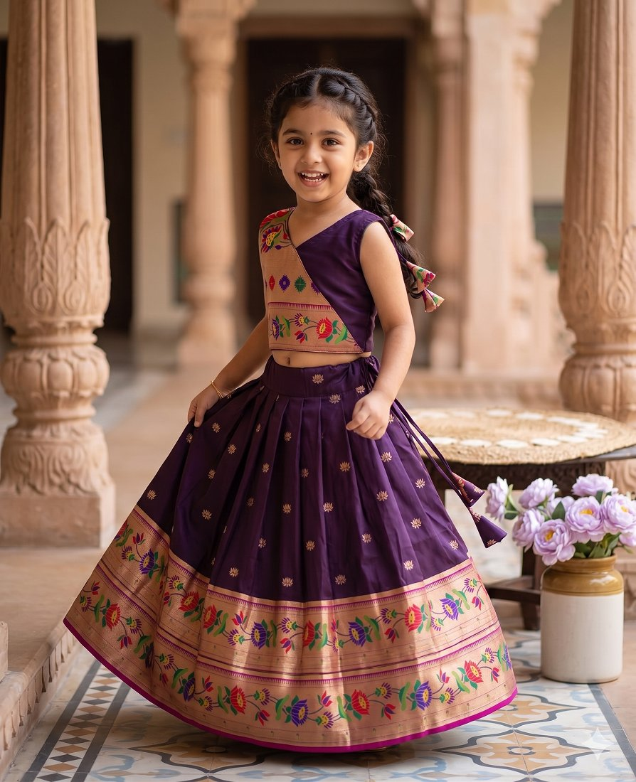 Evanik Purple Kids Paithani Silk Lotus Pattern Lehenga Choli