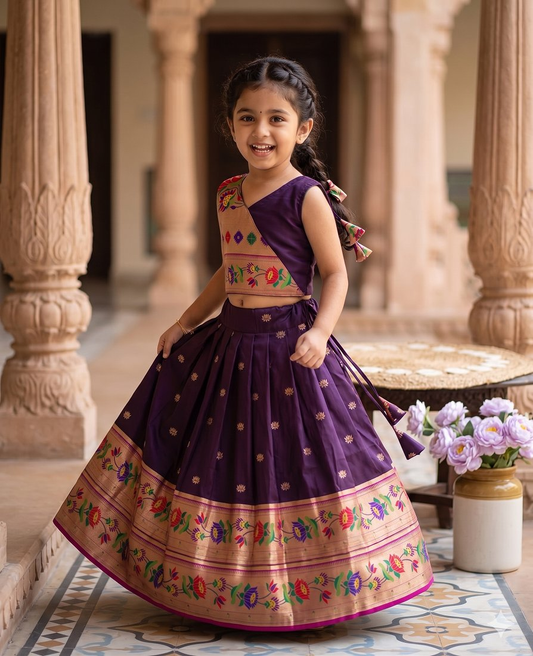 Evanik Purple Kids Paithani Silk Lotus Pattern Lehenga Choli
