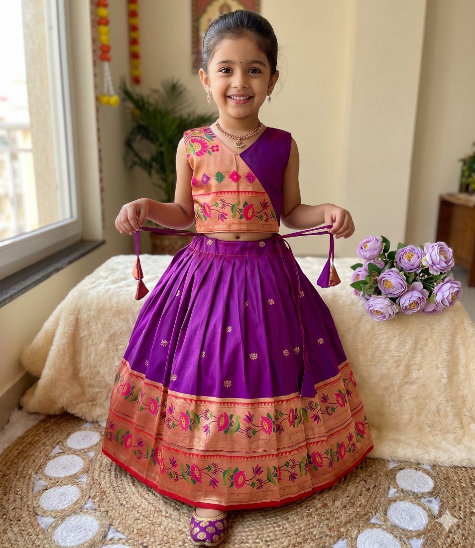 Evanik Purple Kids Paithani Silk Lotus Pattern Lehenga Choli