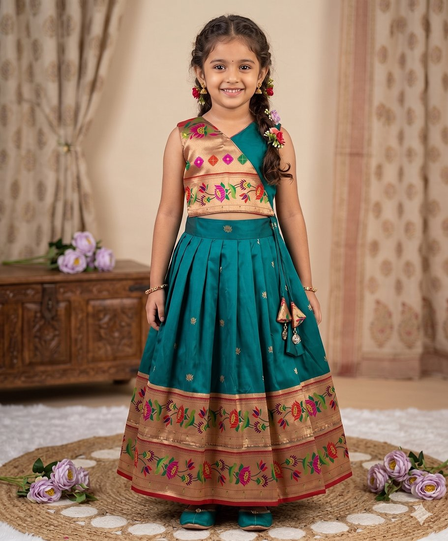 Evanik Blue Kids Paithani Silk Lotus Pattern Lehenga Choli