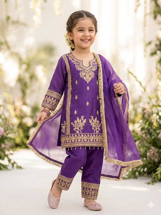 Evanik Purple Designer Party Wear Heavy Silk Kids Top Pant & Dupatta Set
