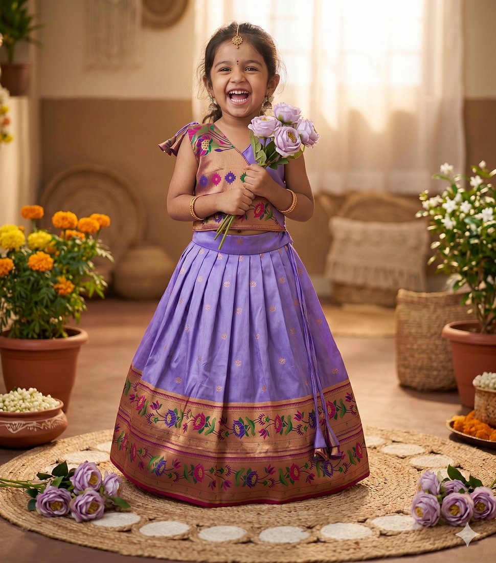 Evanik Purple Kids Paithani Silk Lotus Pattern Lehenga Choli