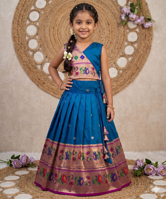 Evanik Blue Kids Paithani Silk Lotus Pattern Lehenga Choli