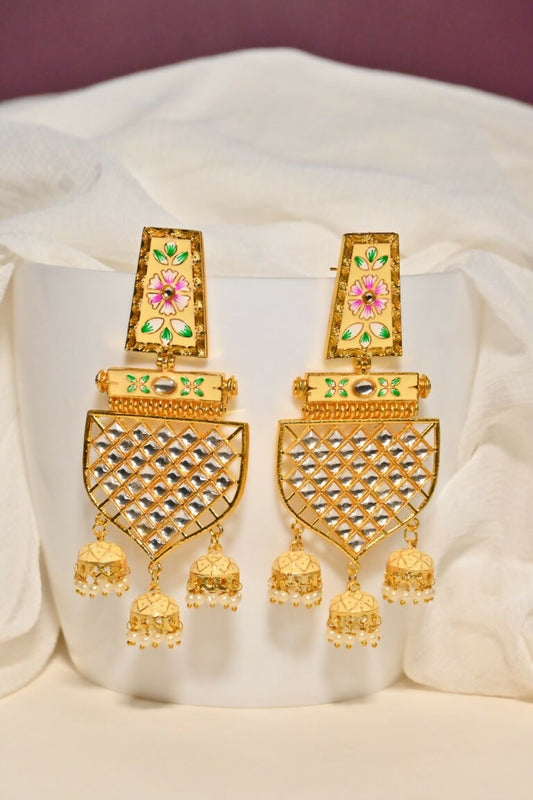 Beige Traditional Gold-Polished Meenakari Jhumka Jhumki Earrings Indian Jewellery For Women Girls By House of Ree
