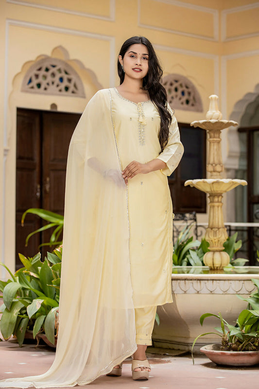 Kaajh Women's Light Yellow Modal Silk Kurta Pant Set With Dupatta