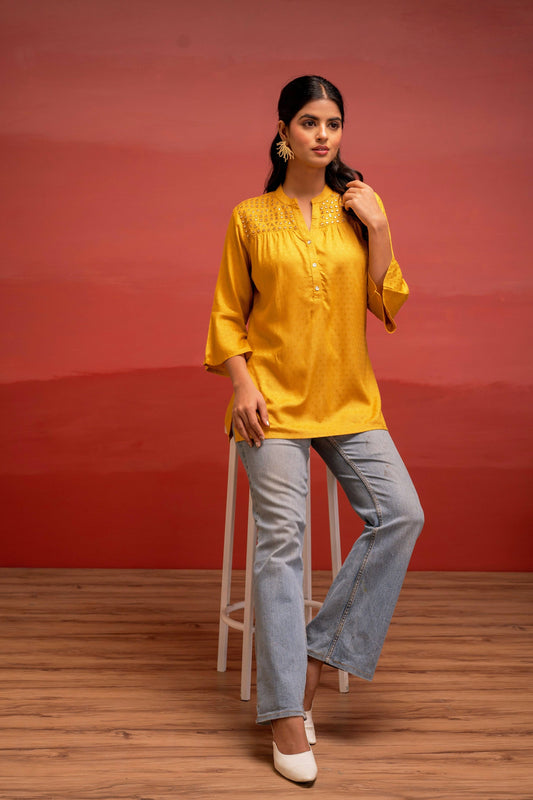 Juniper Mustard Polka Dot Viscose Tunic With Thread Work, Mirror & Button Detailing