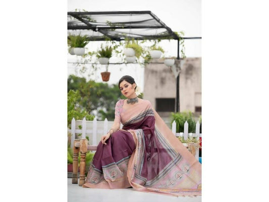 Aastha Fashion Women's Wine Tussar Silk Digital Printed Saree with Blouse - Grab2buy