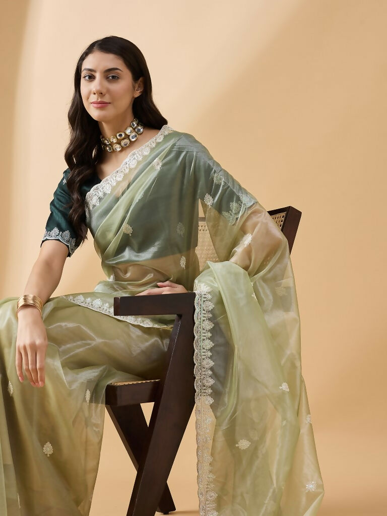 Green Organza Sequence Embroidered Saree with Unstitched Blouse - Satya