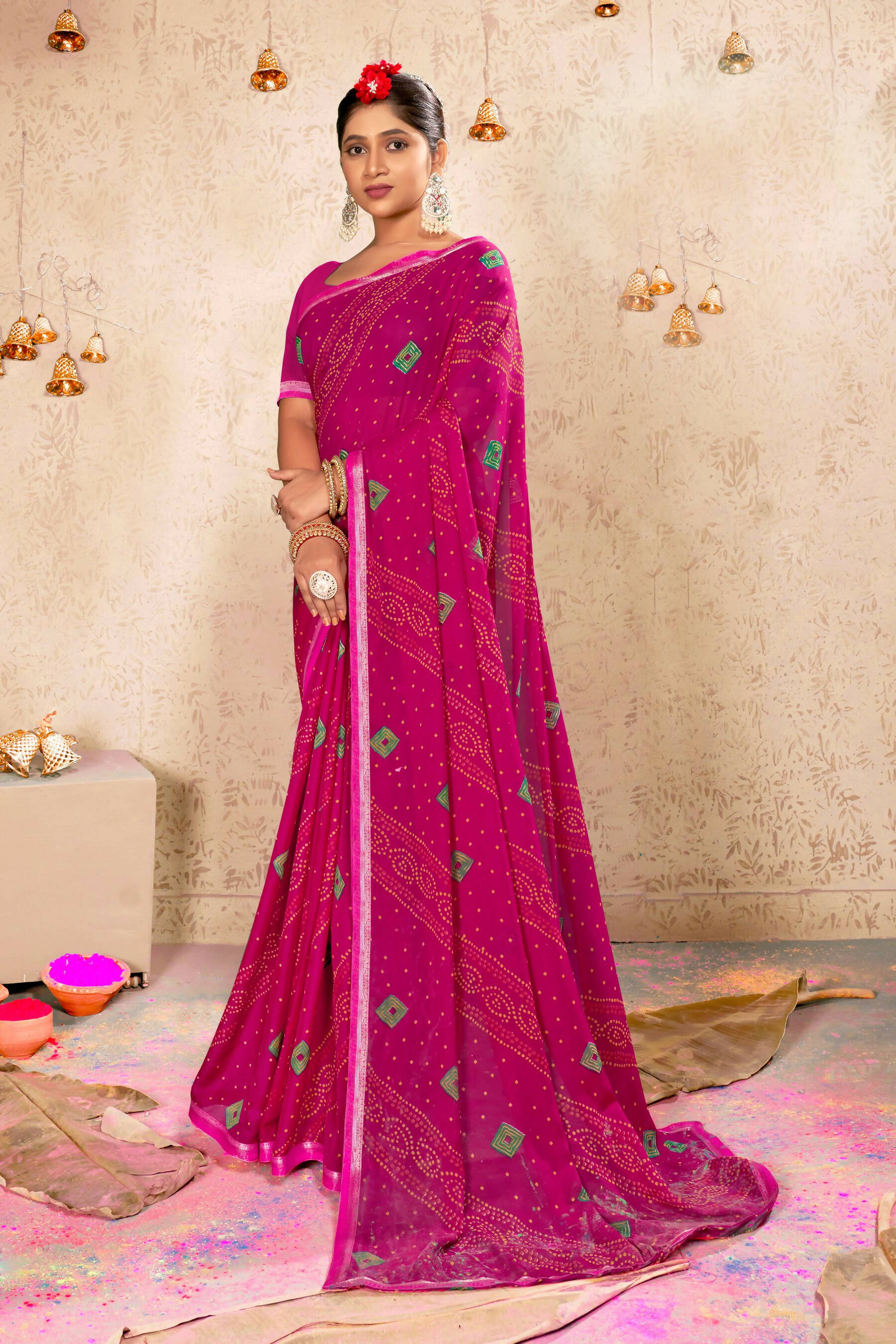 Pink Georgette Bandhni Printed Saree With Unstitched Blouse Piece - Shanaya