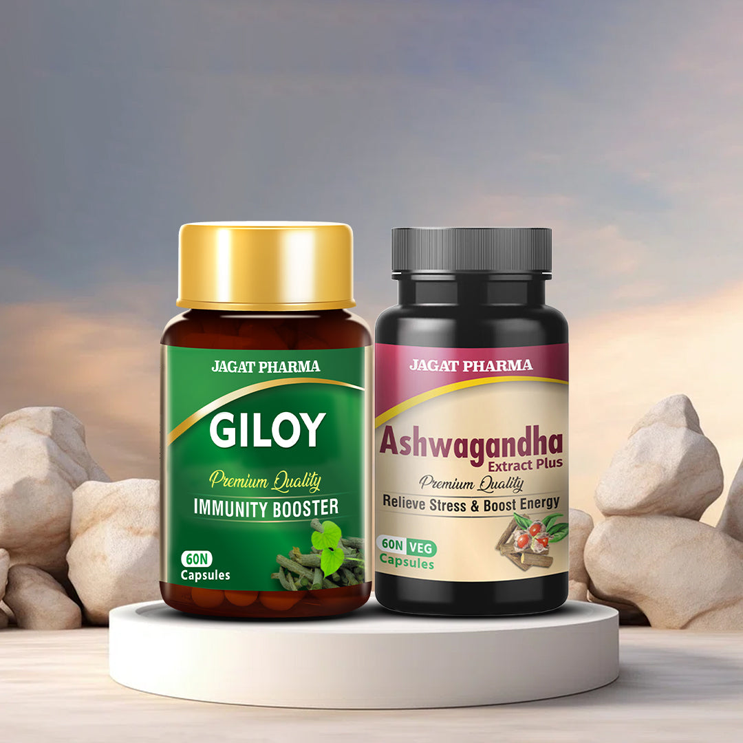 Jagat Pharma Giloy + Ashwagandha Capsules Immunity Builder & Stress Reliever Combo 