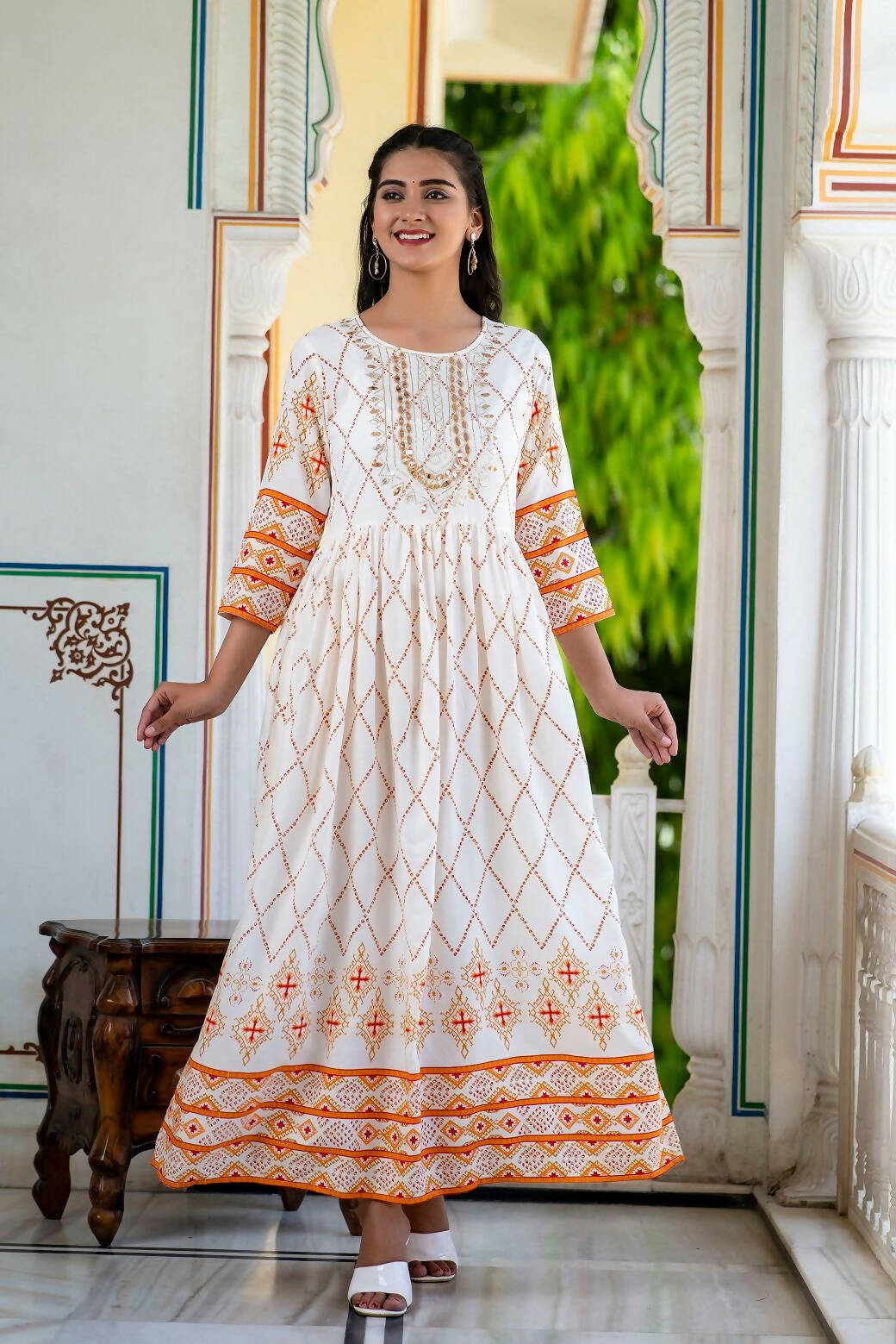 Juniper Women's White Yellow Rayon Festive Wear Printed Gotta Work Dress