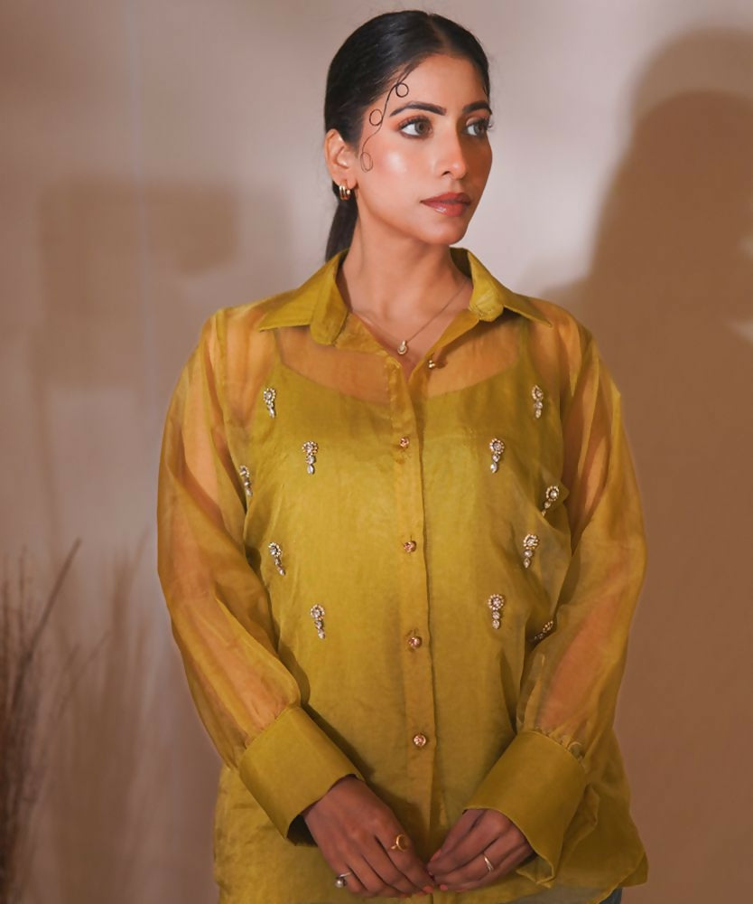Timaraa Olive Glow Organza Hand-Embellished Shirt  Grab2Buy Timaraa Grab2Buy