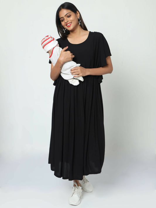 Manet Maternity Frill Slevee Solid Dress With Concealed Zipper Nursing Access - Black