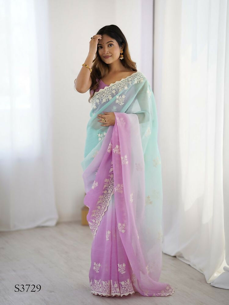 Purple Crunchy Silk Embroidery Work Party Wear Saree - Lakshita