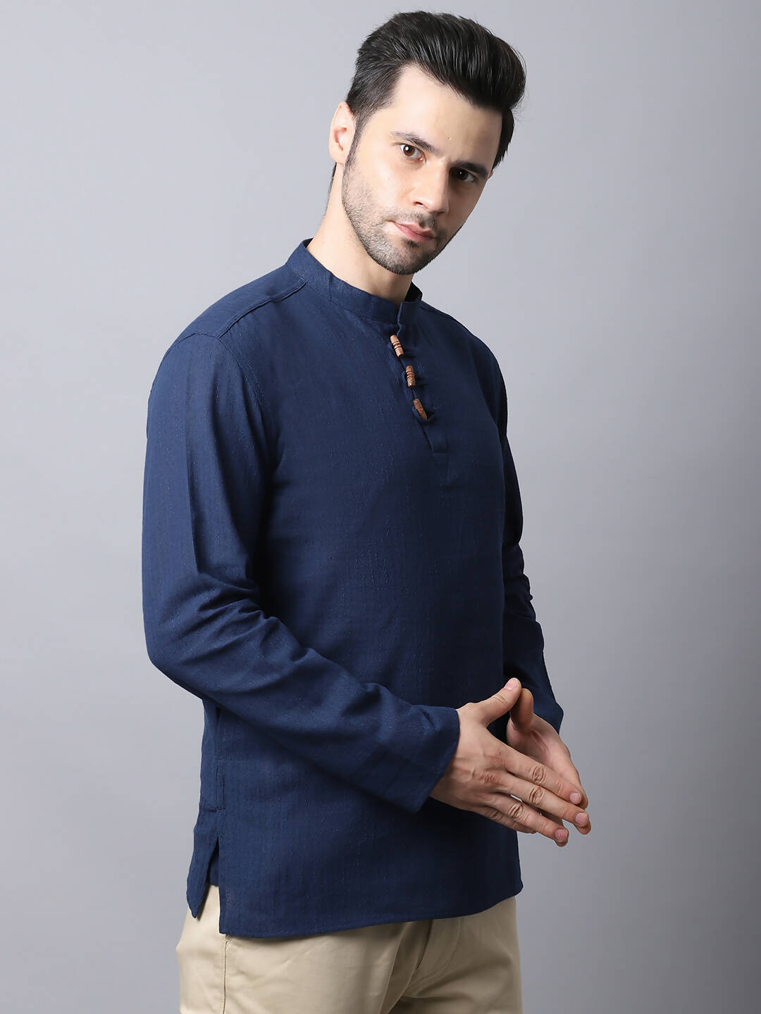 Even Apparels Navy Pure Cotton Men's Kurta With Band Collar 