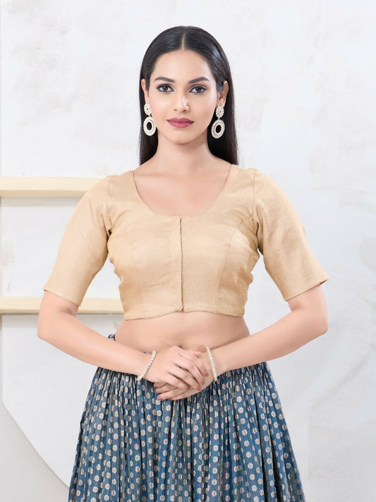Joban Fashion Light-Gold Tissue Elbow Sleeveless Front Open Blouse